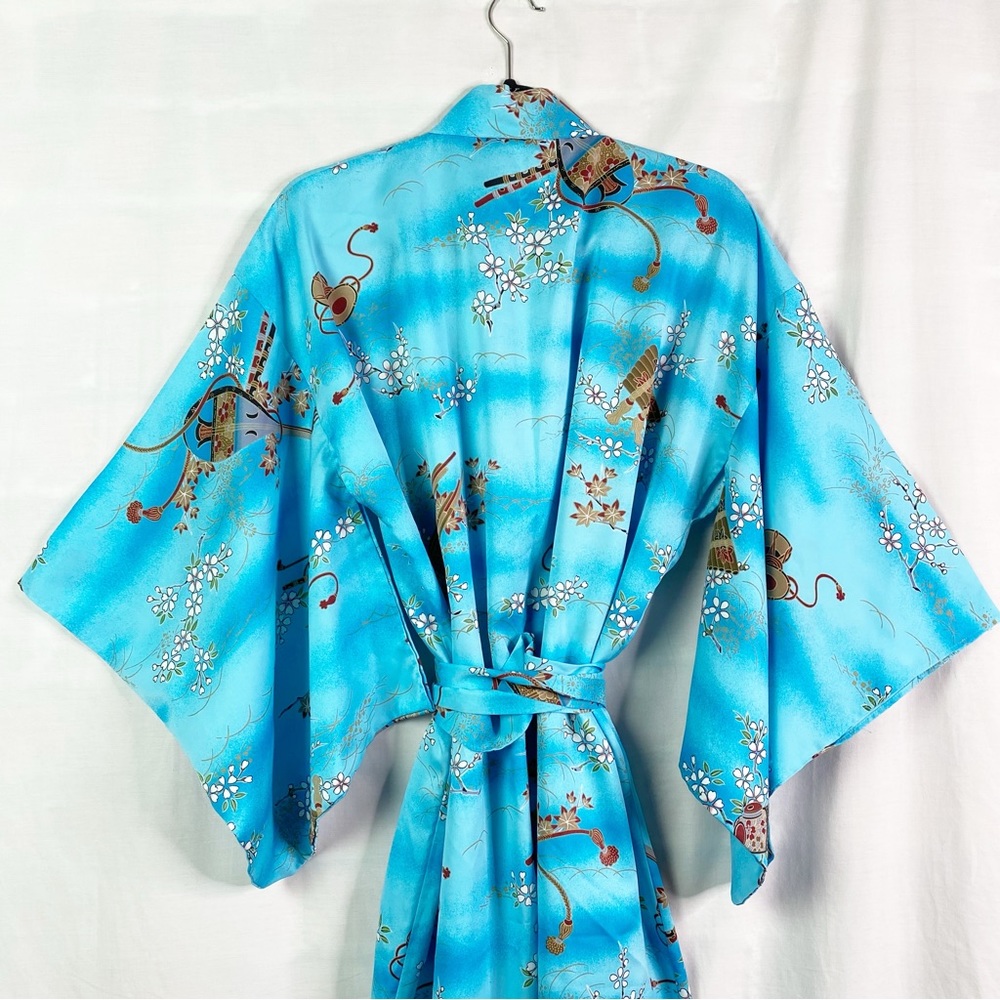 Vintage Light Blue Japanese Kimono Robe Traditional Sleeves Lg - Picture 5 of 7